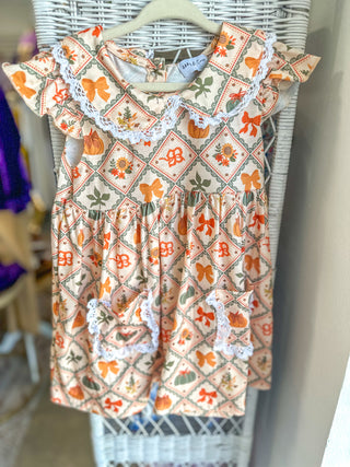 Vintage Pumpkin Bow Print Dress