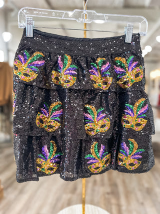 Mardi Gras Masks Sequin Tiered Skirt
