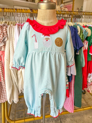 Christmas Santa Candy Cane Cookie Embroidery Baby Girls Striped Romper
