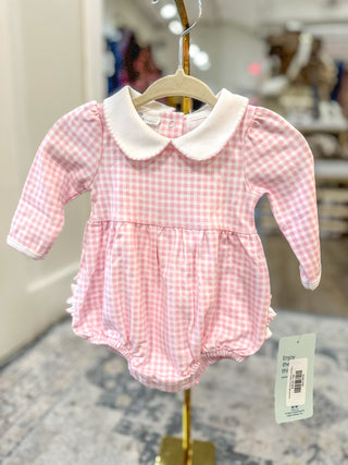Lucy Pink Mini Checks Collared Long Sleeve Bubble- Magnolia Baby