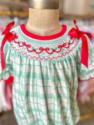 Christmas Baby Girl Smocked Embroidered Green Plaid Bubble