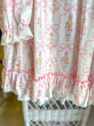Pink Nutcracker & Bow Print Ruffle Gown