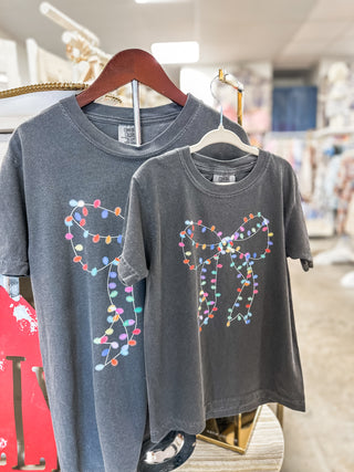 Youth Christmas Lights Bow Graphic Tee Pepper