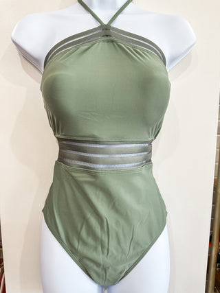Olive Green Tie Neck One Piece Swimsuit