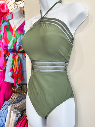 Olive Green Tie Neck One Piece Swimsuit