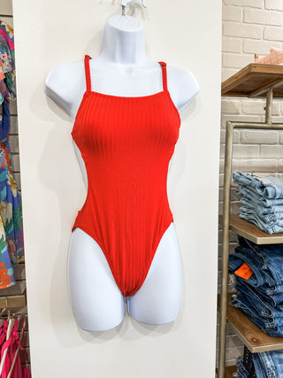 Red Ribbed Monokini