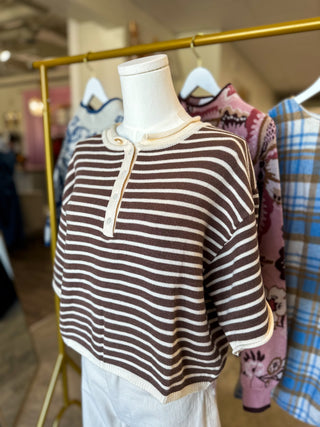 Brown & Ivory Striped Short Sleeve Henley Knit Top