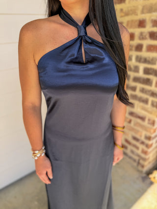 Navy Sutton Halter Neck Satin Midi Dress