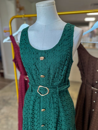 Hunter Green Charlotte Eyelet Belted Maxi Dress
