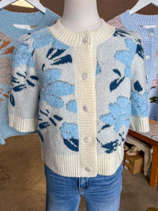 Ivory Blue Petal & Knit Short Sleeve Cardigan