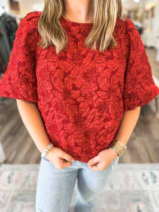 Red Runway Rose Jacquard Blouse