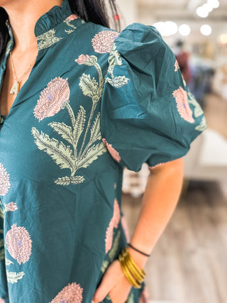 Hunter Green Amber Bloom Garden Mini Dress