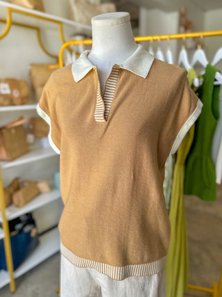 Coastal Coffee Stripe Trim Knit Top