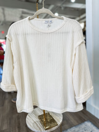 Off White Basic Three-Quarter Length Folded Sleeve Knit Top