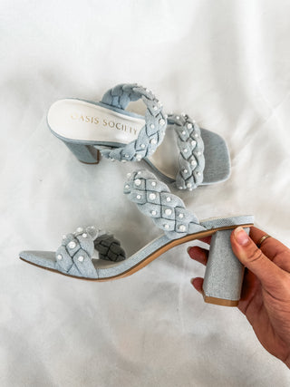 The Parisa Braided Pearl Sandal Heels Denim Blue