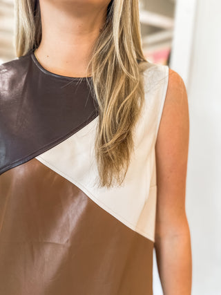 Color Block Faux Leather Fusion Pleated Hem Dress