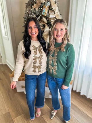 Green/Gold Bowtiful Christmas Glamour Long Sleeve Sweater