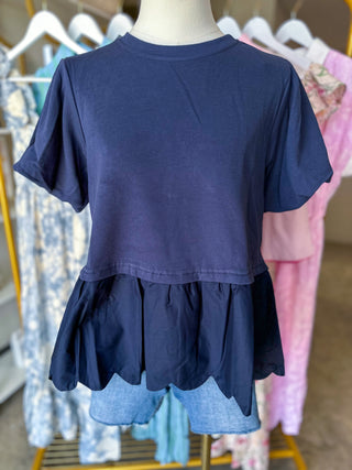 Navy Girly Essential Scalloped Knit Ribbed Top