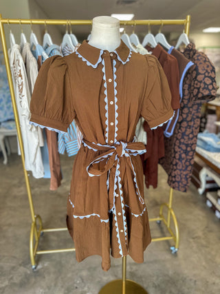 Brown Autumn Picnic Ric Rac Trim Belted Mini Dress