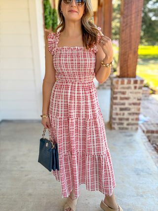 Red Plaid Smocked Tiered Midi Dress