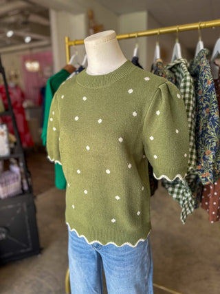 Olive Dotted Delight Scallop Trim Sweater Top