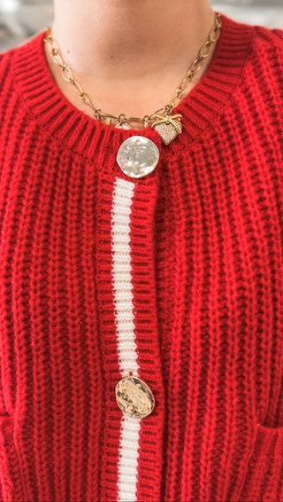 Red Varsity Stripe Gold Metal Button Sleeveless Sweater