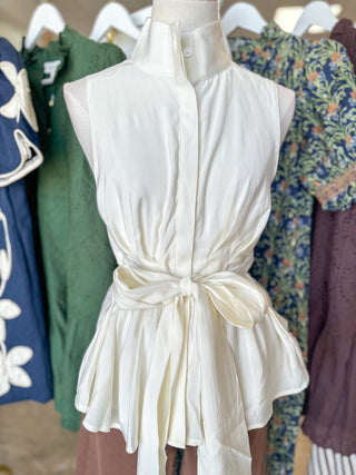 Cream Tailored to Simplicity Tie Waist Sleeveless Top