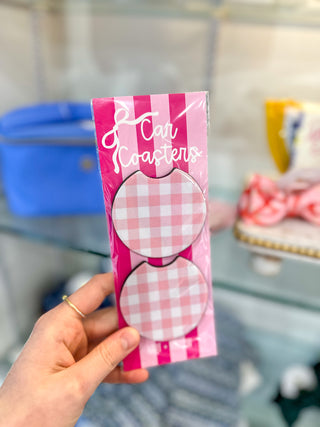 Pink Check Car Coaster - Set of 2