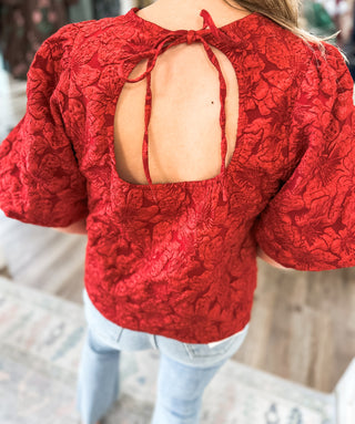 Red Runway Rose Jacquard Blouse