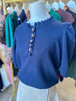 Navy Feminine Edge Puff Sleeve Sweater