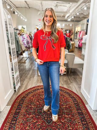 Red Holiday Plaid Perfection Bow Short Sleeve Top