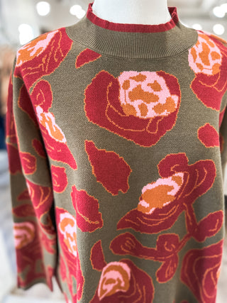 Olive & Red Painted Petals Long Sleeve Sweater