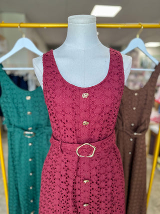 Burgundy Charlotte Eyelet Belted Maxi Dress