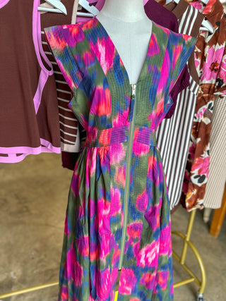 Magenta Bold Botanicals Zip Midi Dress