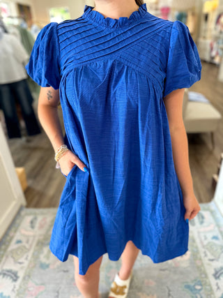 Bright Blue Skies Pintuck Detail Bubble Sleeve Mini Dress