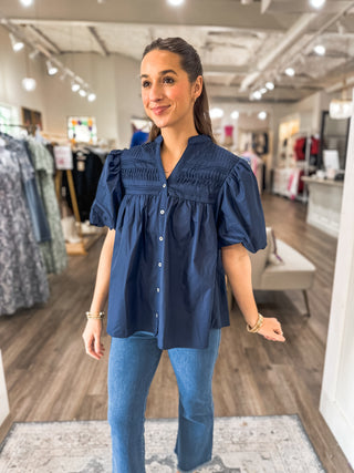 Navy Petal Pleats Pintuck Detail Blouse