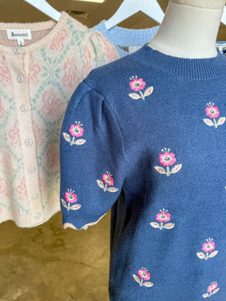 Mae Girl Blue Half Sleeve Finely Embroidered Sweater Top