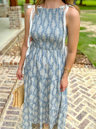 Blue Soft Bloom Tie Shoulder Maxi Dress