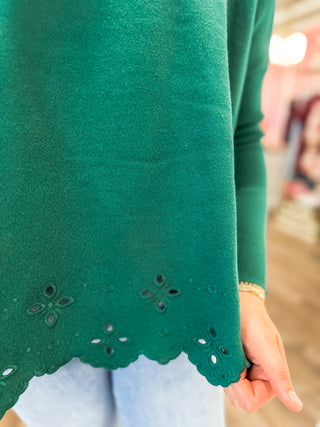 Hunter Green Soft & Sleek Scalloped Eyelet Hem Long Sleeve Sweater Top