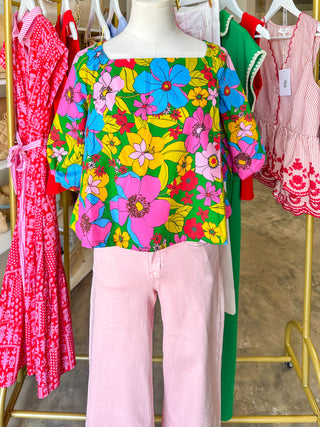 Retro Colorful Floral Gathered Top