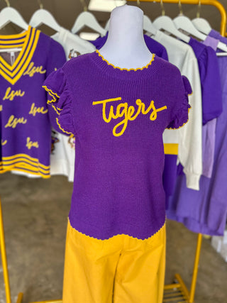 Purple Oakleigh LSU Tigers Scallop Trim Sweater