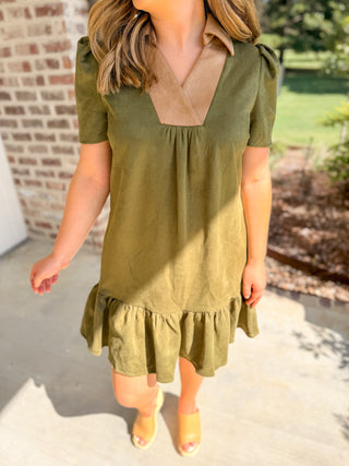 Olive Vinyard Stroll Ruffle Suede Mini Dress