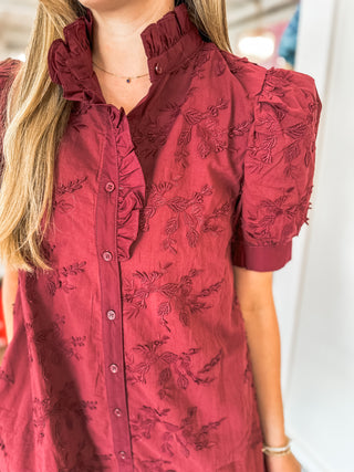 Burgundy Adorned in Ivy Vine Applique Button-down Dress