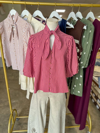 Wine Striped Magnolia Bow Button Down Blouse