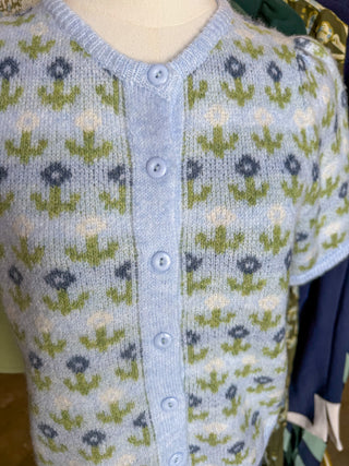 Blue Cashmere Soft Blossom Button Down Cardigan