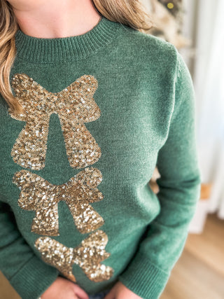 Green/Gold Bowtiful Christmas Glamour Long Sleeve Sweater