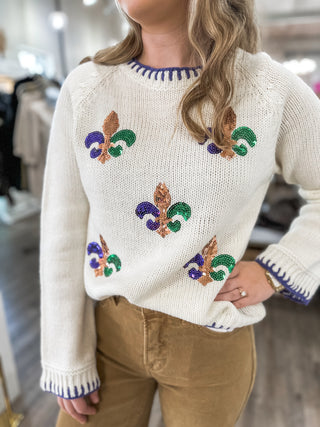 Mardi Gras Shines Fleur De Lis Stitch Detail Sweater