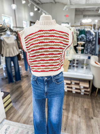 Red & Ivory Striped Crochet Sweater