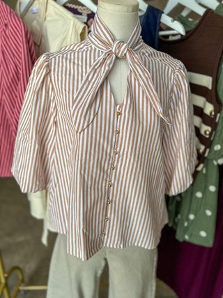 Camel Striped Magnolia Bow Button Down Blouse