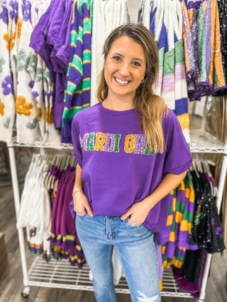 Purple Mardi Gras Chenille Rhinestone Detailed Letter Top